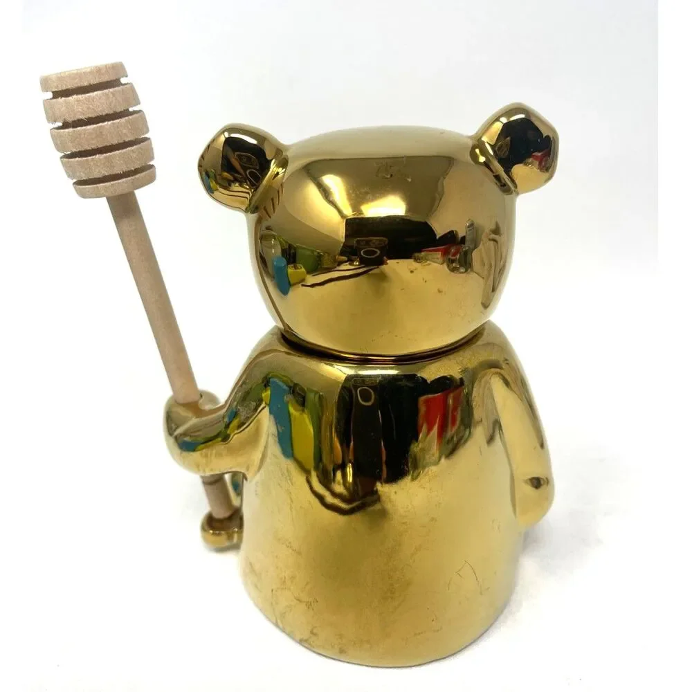 Anthropologie Gold Ceramic Bear Honey Pot Jar With Wooden Dipper Spoon